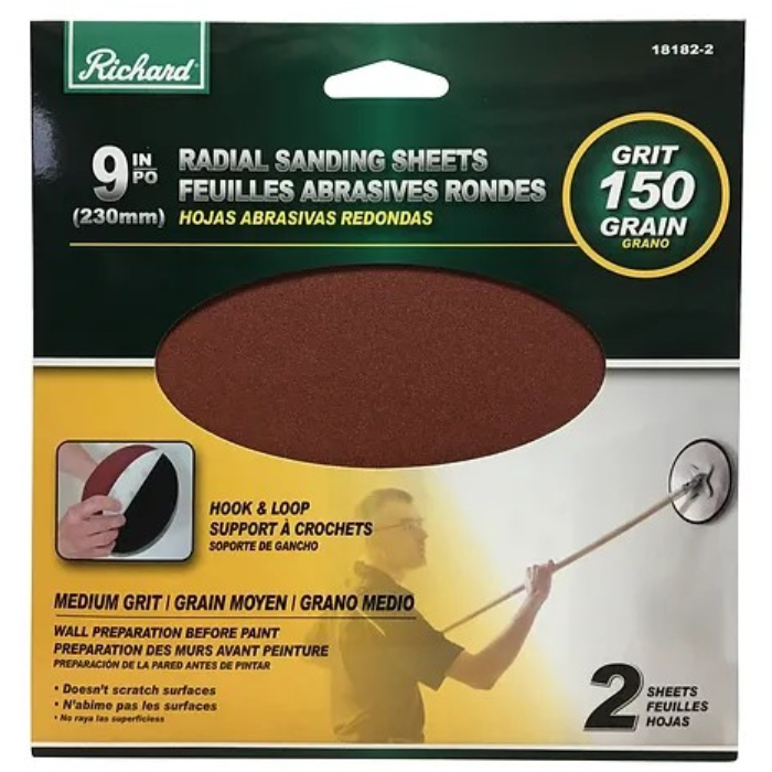 9 IN. ROUND DRYWALL SANDING SHEET, VELCRO BACKING, 150 GRIT 